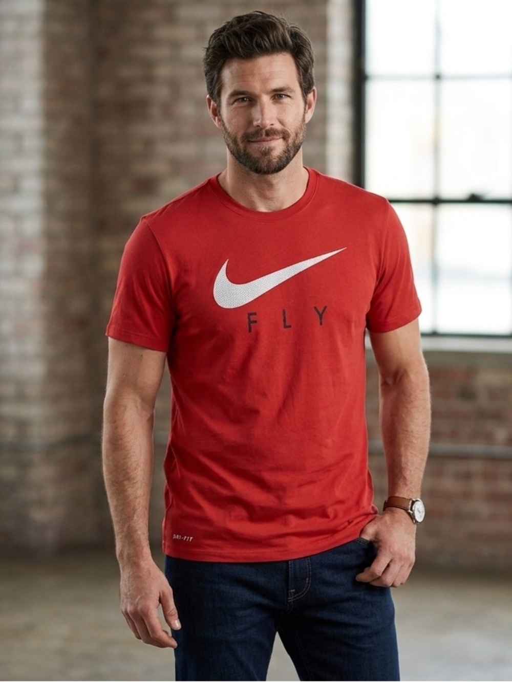 Nike Red Short-Sleeve Tee with White Swoosh and FLY Print L